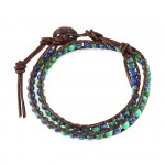 Phoenix Azurite Stone Beads on Brown Leather 2x Wrap Bracelet